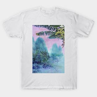 Banana tree &amp; bamboo boat - Pink Sunset Mountainscape T-Shirt